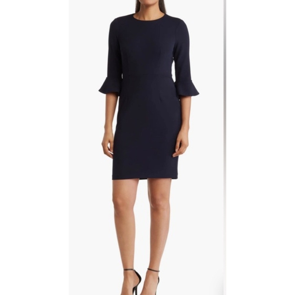 Banana Republic Navy Blue Ruffle Bell Sleeve Sheath Dress Size 6 Crew Neck Mini